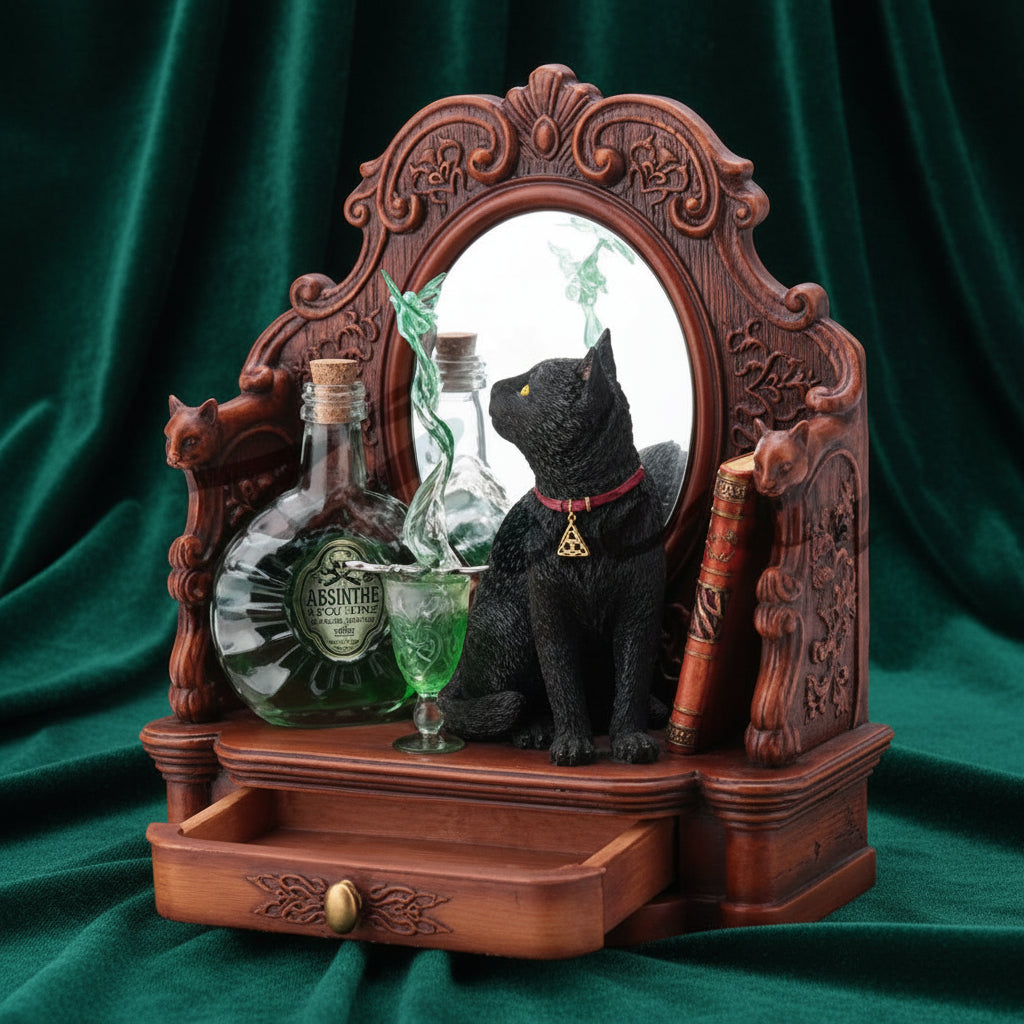 A decorative gothic-style wooden cabinet or shelf with an ornate carved frame, a small drawer at the bottom, a black cat figurine, two glass bottles, and a green goblet on a white background.