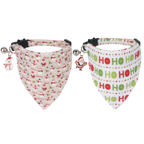 Two Christmas-themed dog bandanas with festive patterns on a white background.