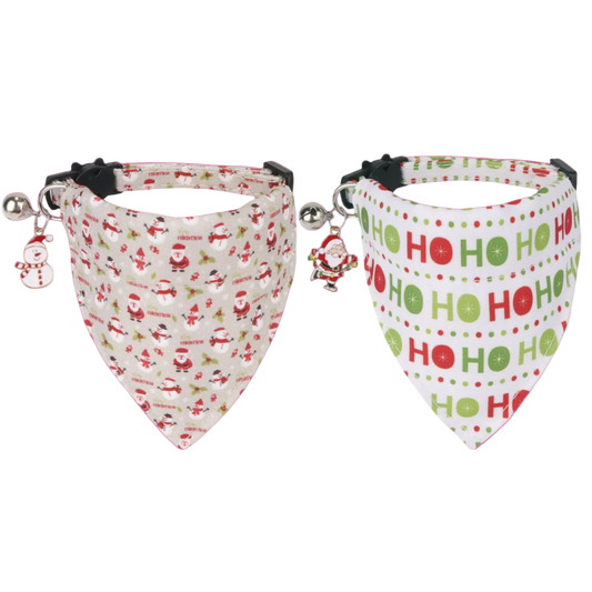 Two Christmas-themed dog bandanas with festive patterns on a white background.