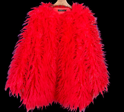 Red feathered jacket on a hanger against a wooden background