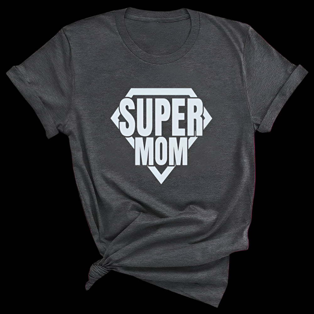 Gray t-shirt with 'Super Mom' print on a wooden surface
