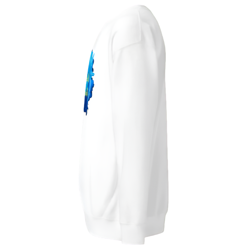 White sweatshirt with a colorful graphic on the sleeve against a white background