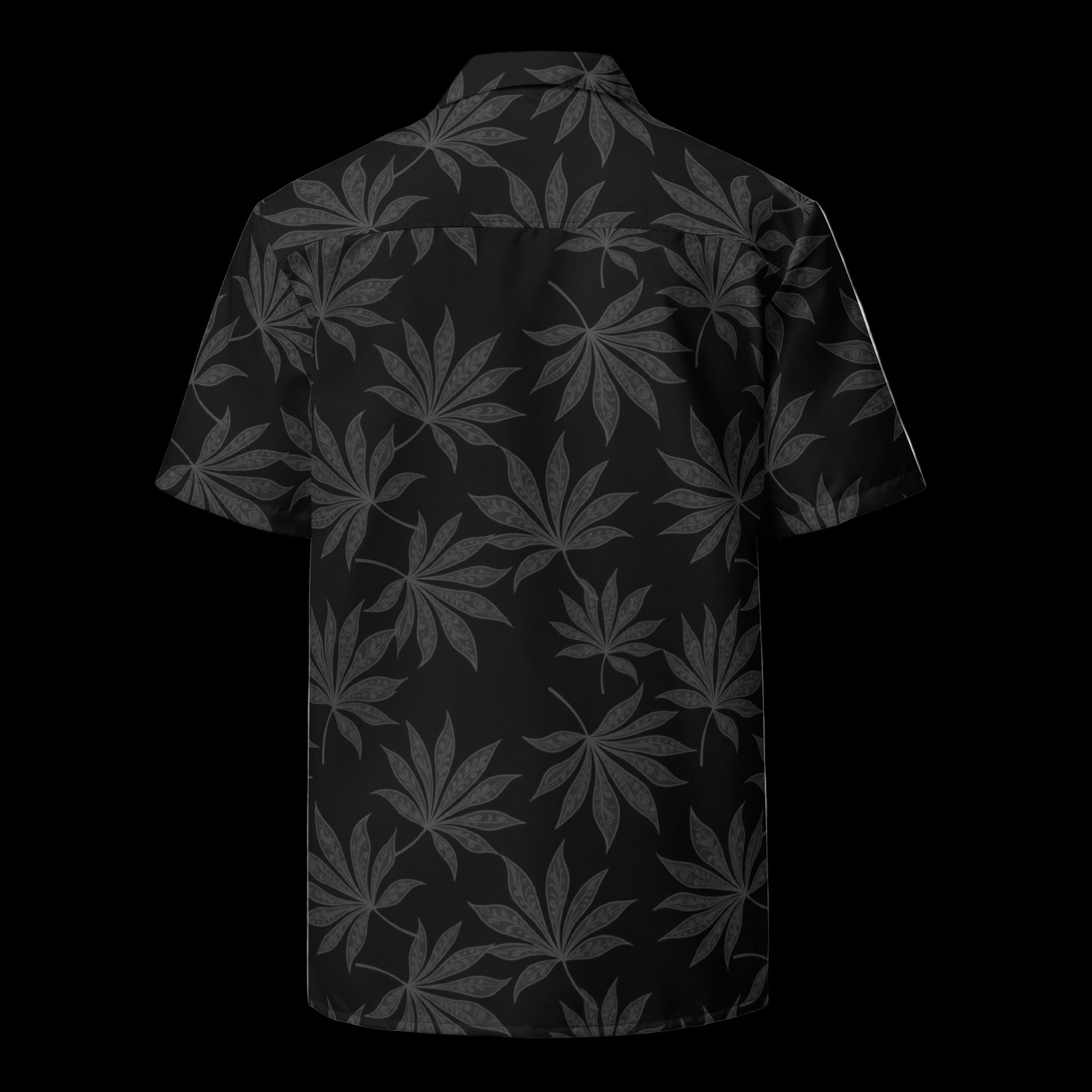 Black shirt with gray leaf pattern on a white background