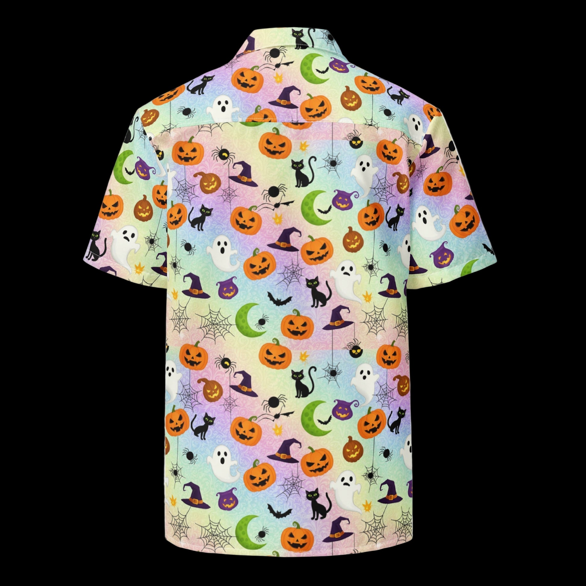 Short-sleeve shirt with Halloween-themed pattern on a white background