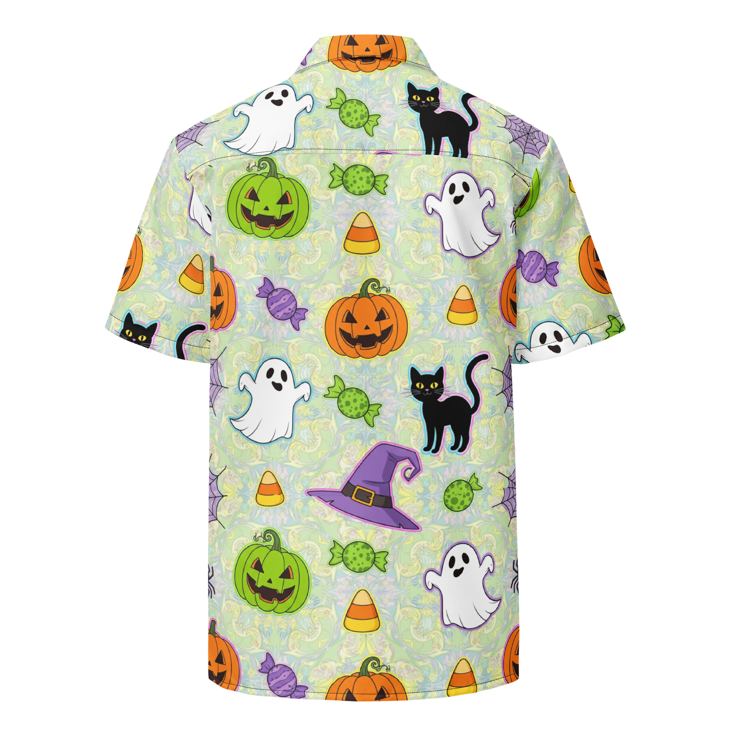 Halloween-themed shirt with pumpkins, ghosts, cats, and candy on a light green background