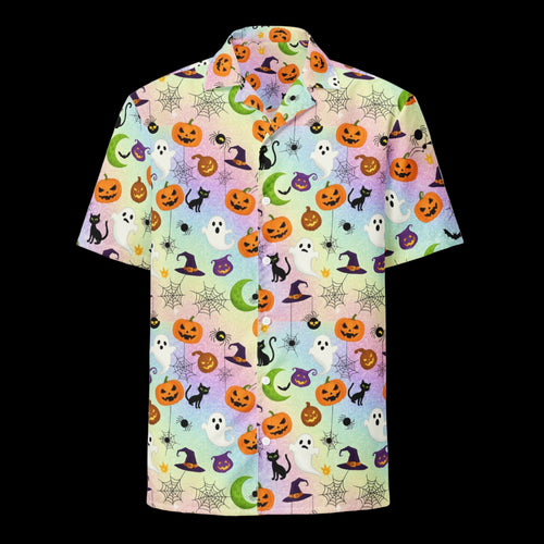 Colorful Halloween-themed shirt with pumpkins, ghosts, and cats on a white background