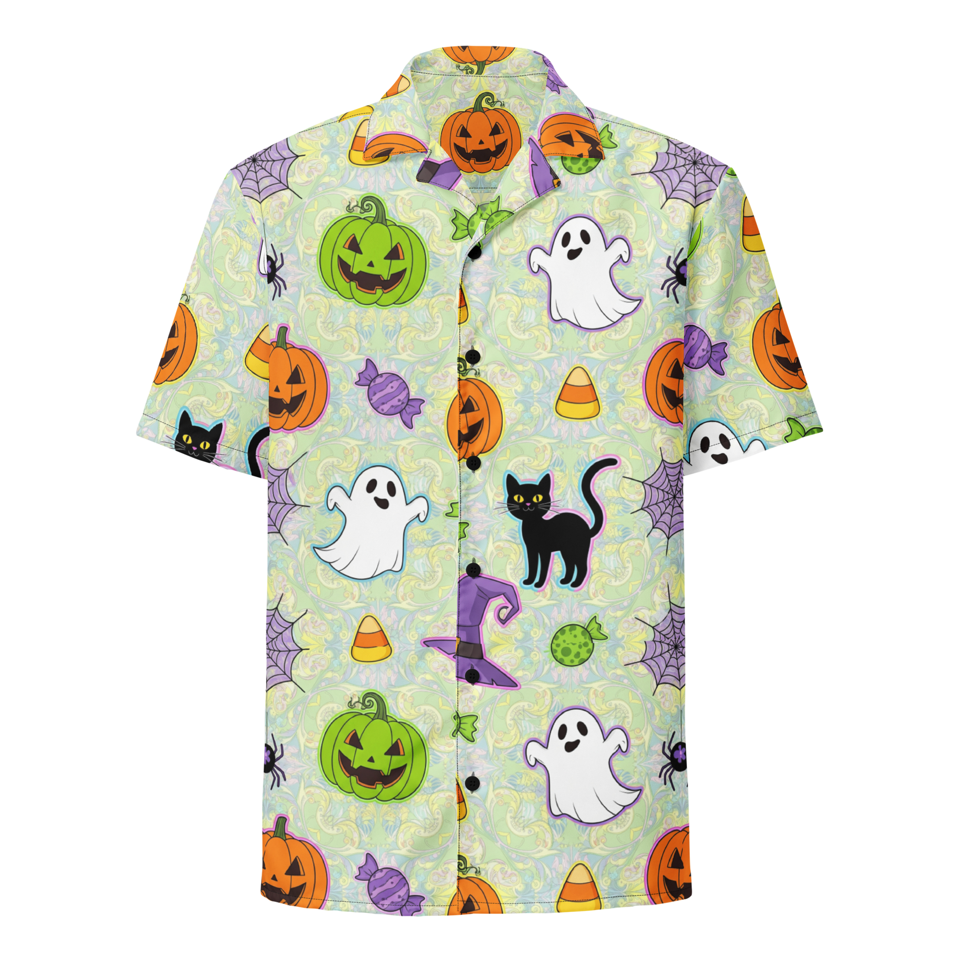 Halloween-themed shirt with pumpkins, ghosts, cats, and candy on a light green background