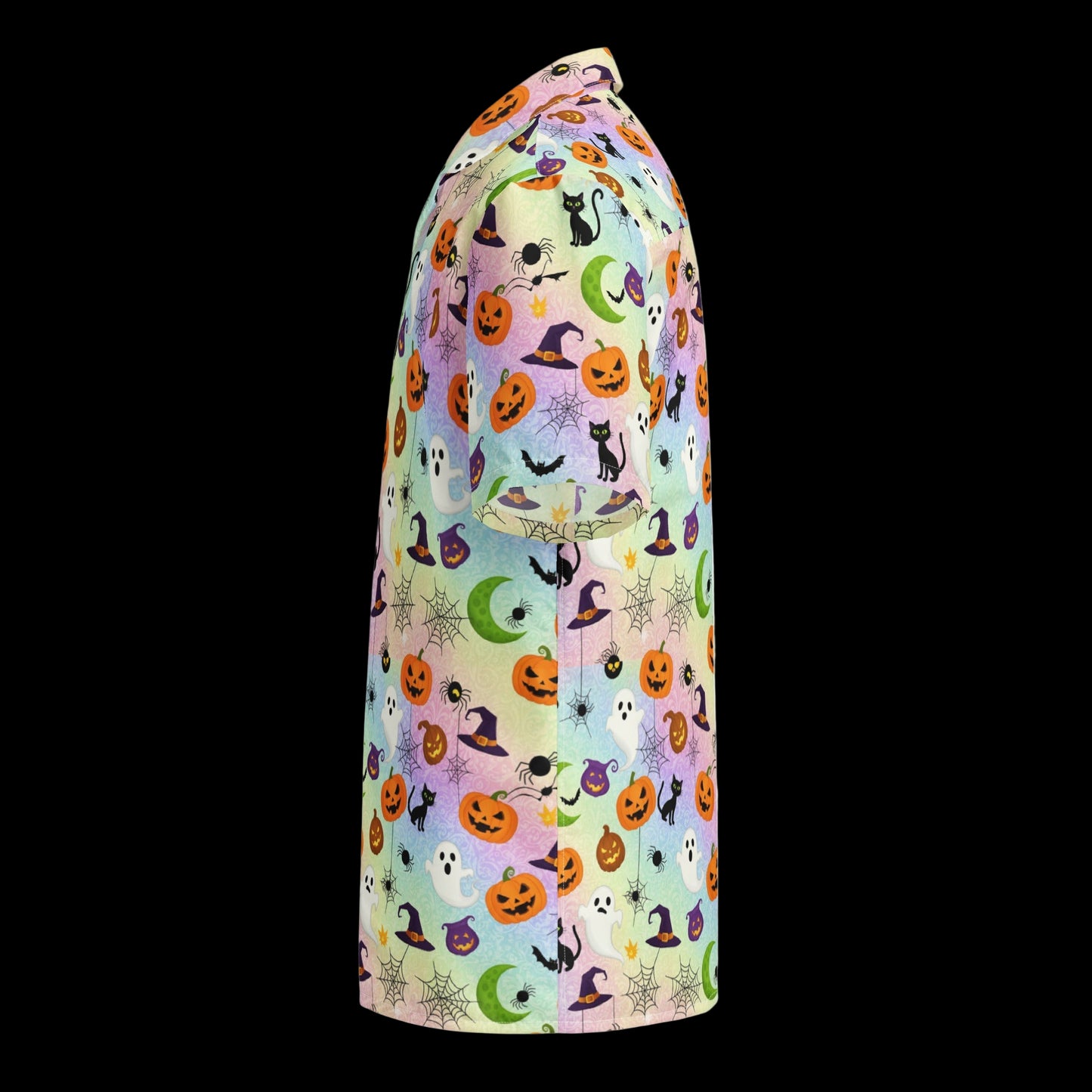 Colorful Halloween-themed dress with pumpkins, ghosts, and cats on a white background