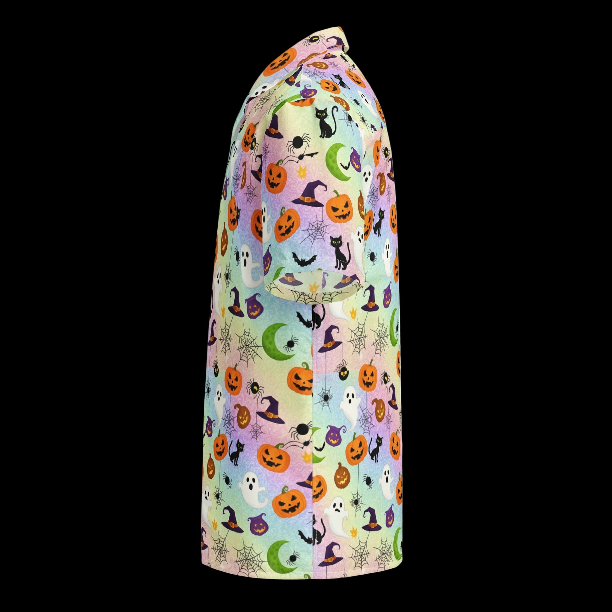 Colorful Halloween-themed dress with pumpkins, ghosts, and cats on a white background