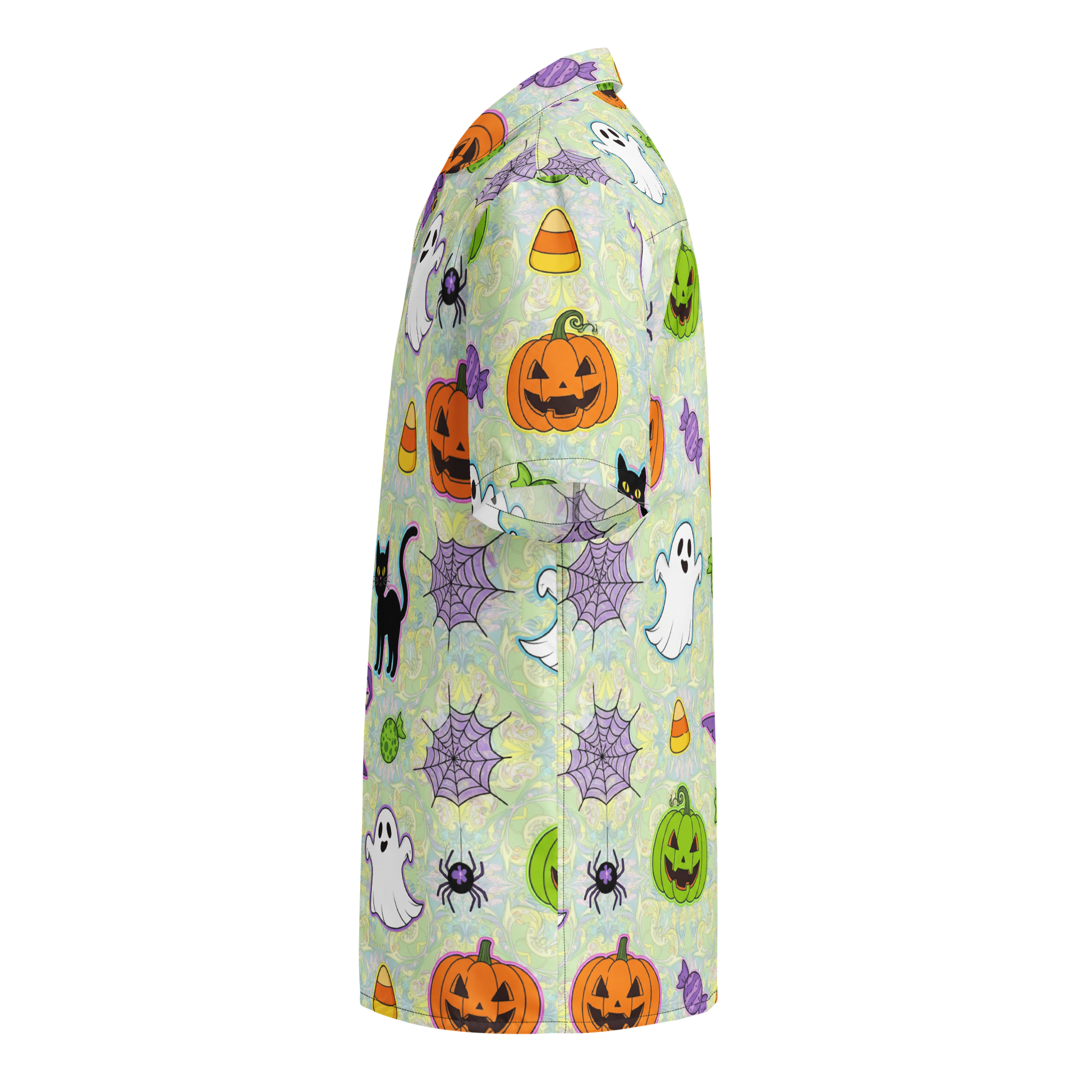 Children's shirt with Halloween-themed pattern on a white background