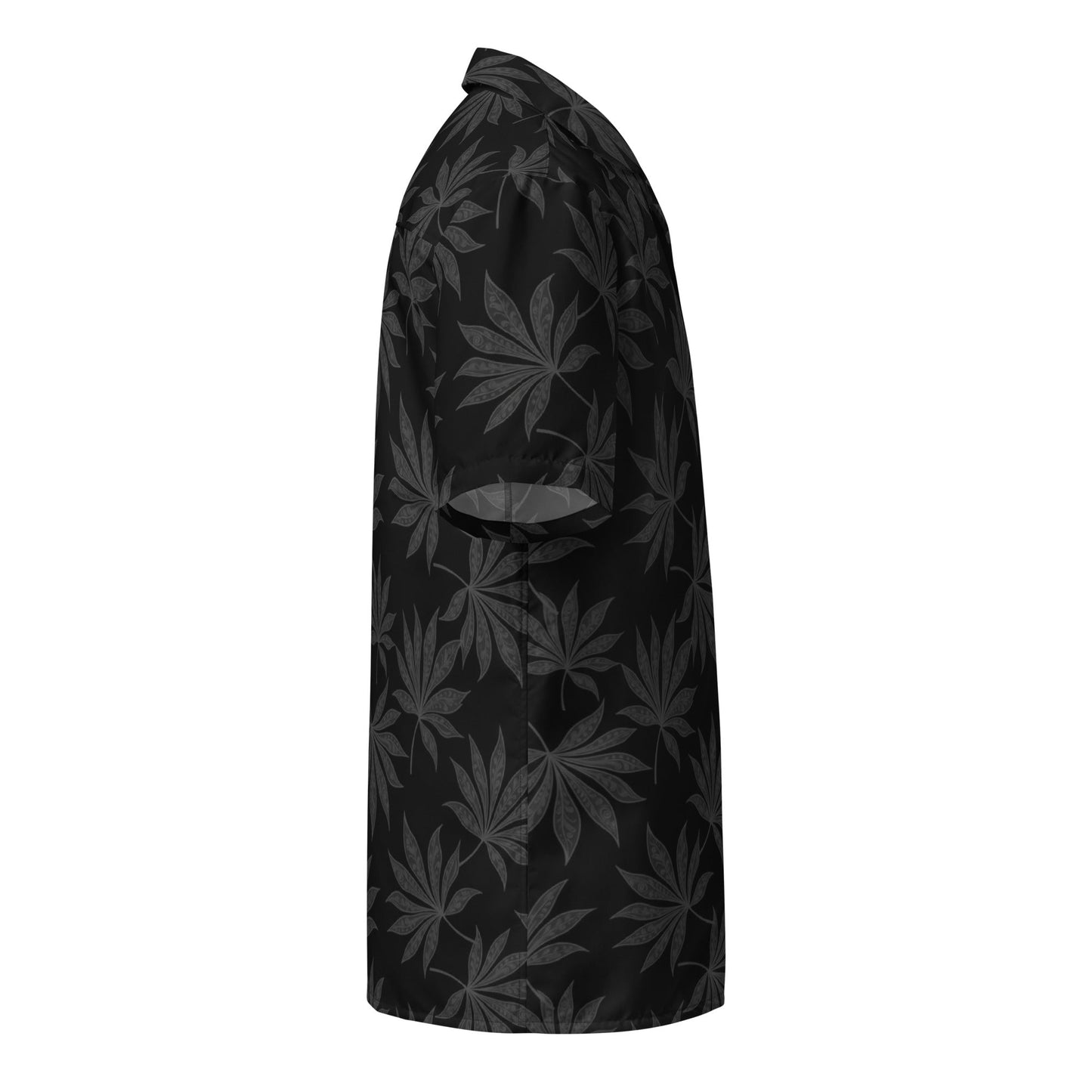 Black shirt with gray leaf pattern on a white background