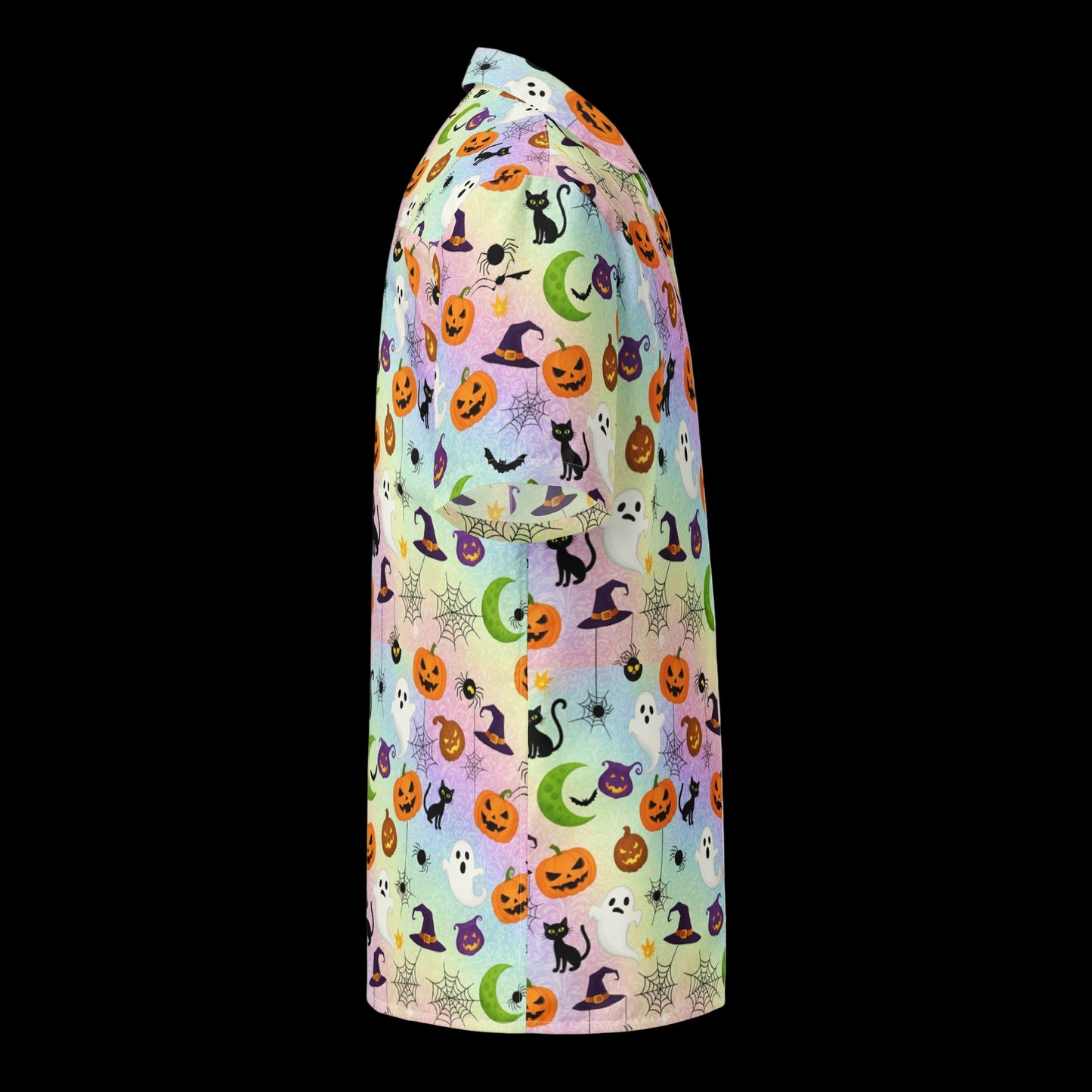 Colorful Halloween-themed shirt with pumpkins, ghosts, and cats on a white background