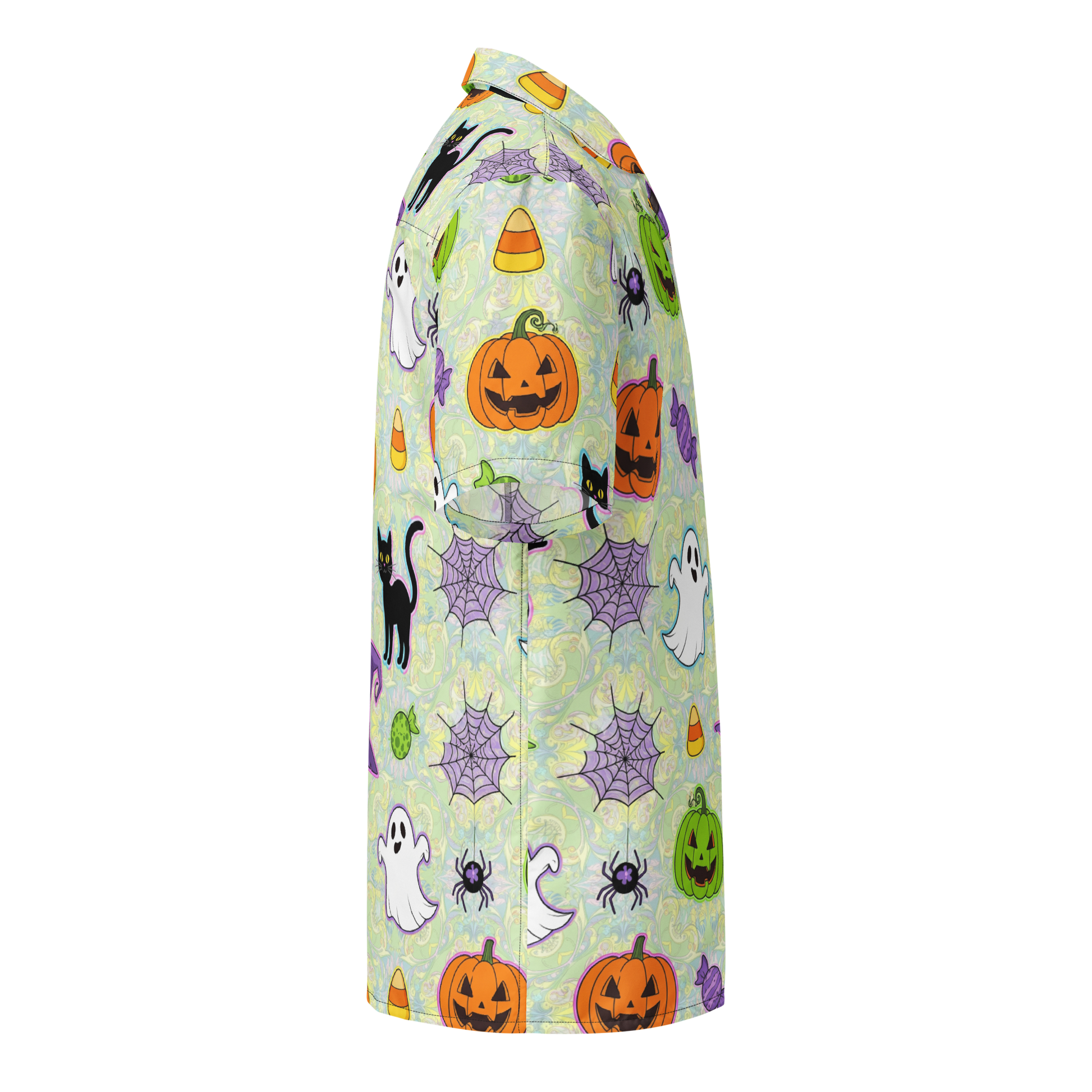 Halloween-themed ironing board cover with pumpkins, ghosts, and cats on a light green background.