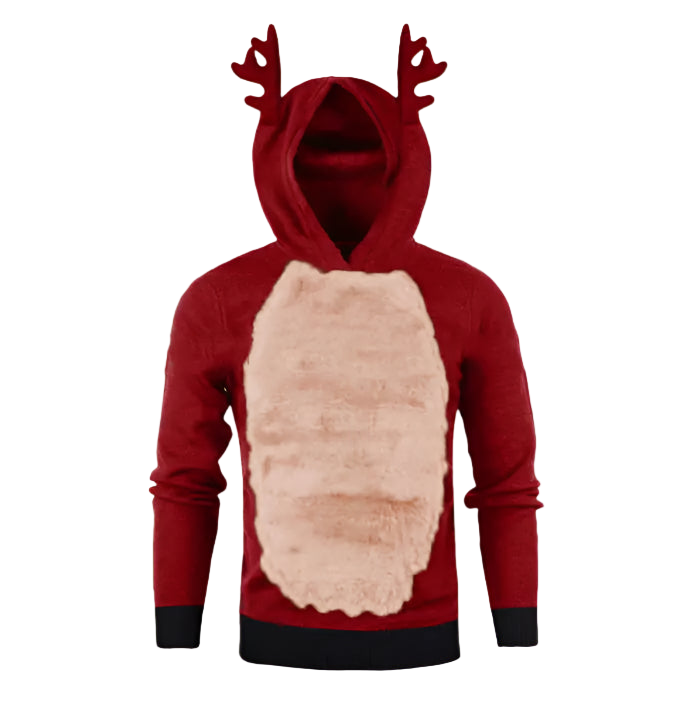 Red hoodie with reindeer antlers and a beard on a white background