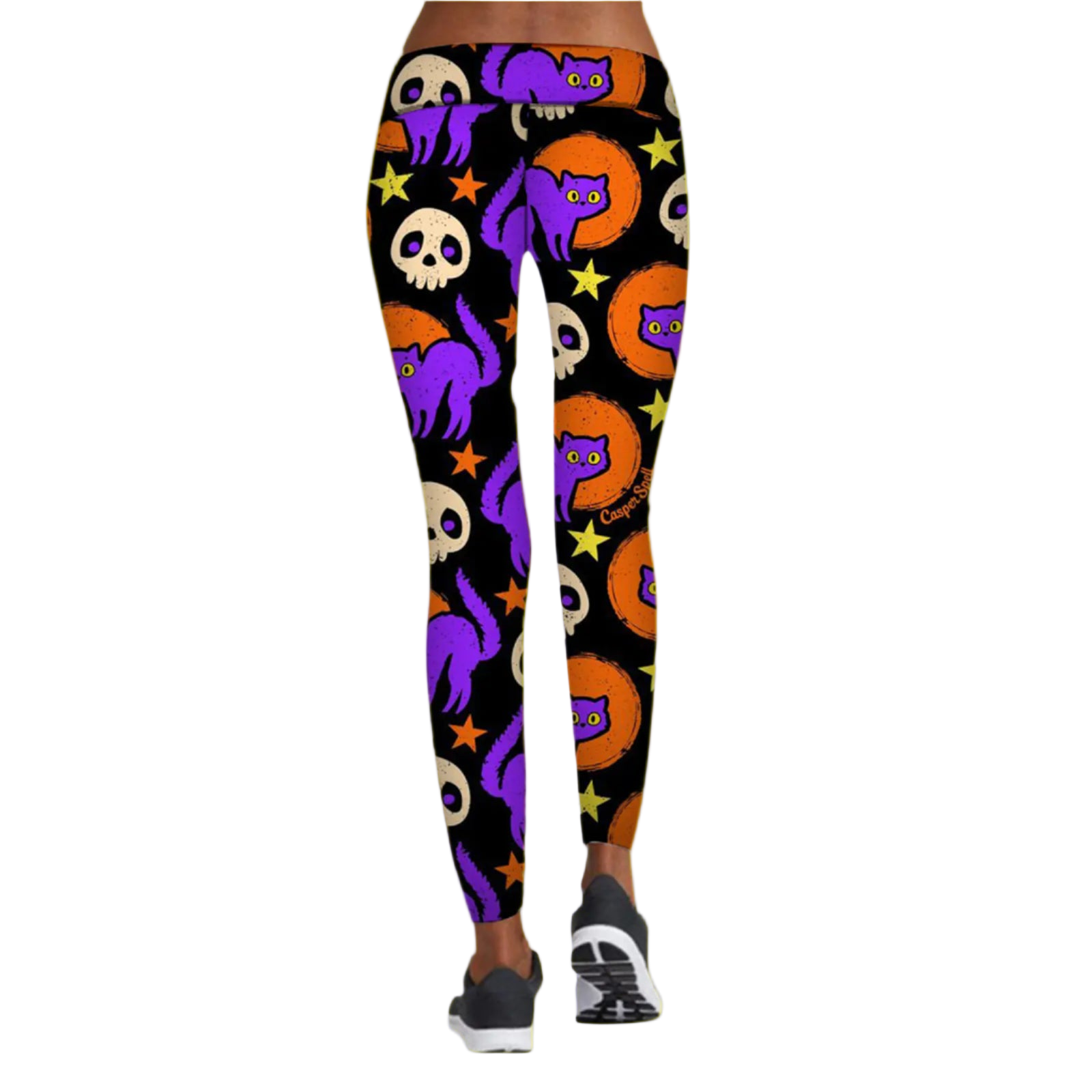 Leggings with Halloween-themed design featuring cats, skulls, and pumpkins on a black background.