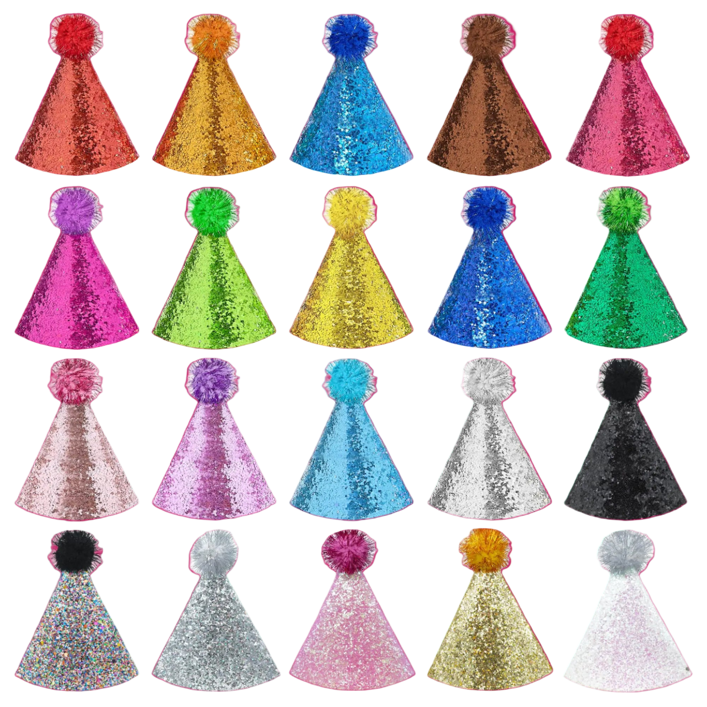 Set of colorful sequin party hats with pom-poms on a white background