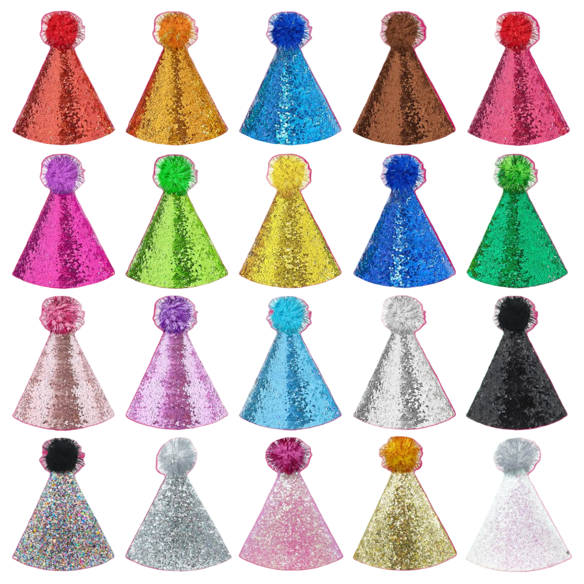 Set of colorful sequin party hats with pom-poms on a white background