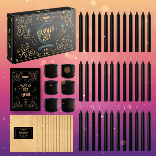 Black candles set with packaging and instructions on a white background