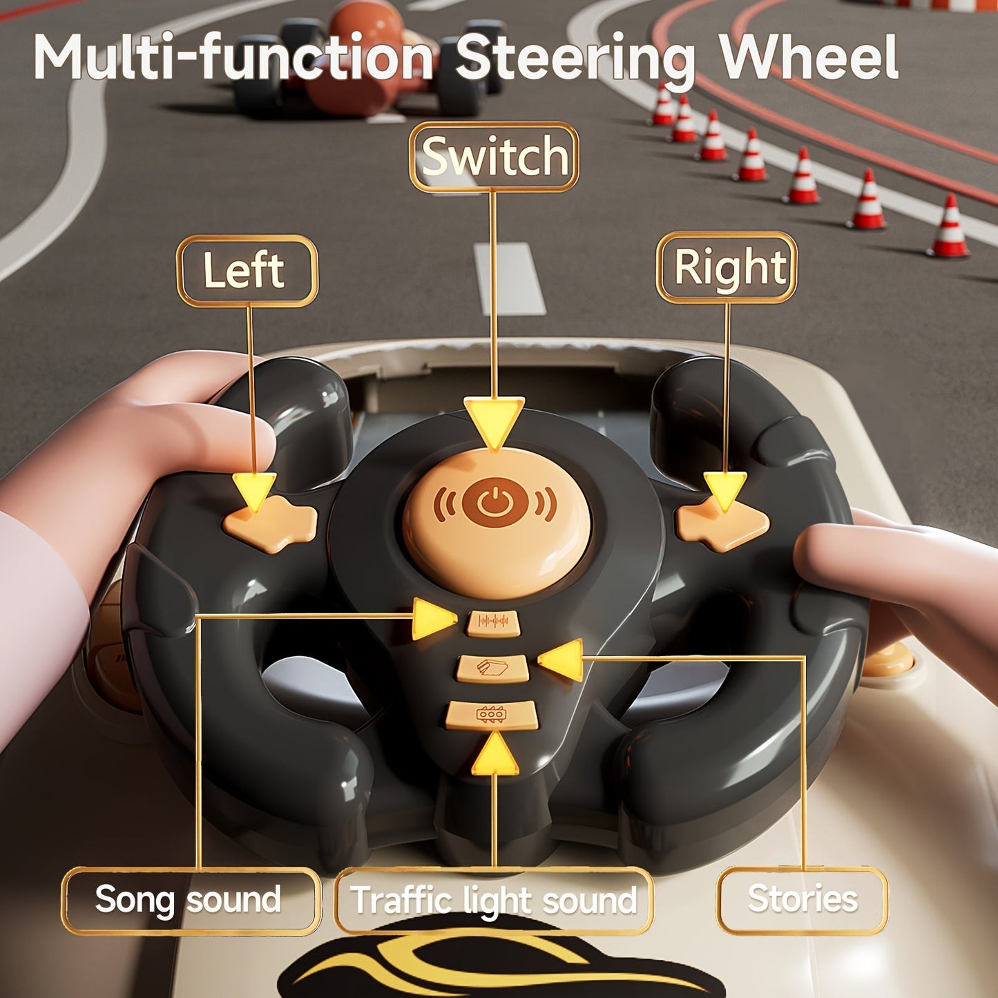 Multi-function steering wheel with labeled buttons and a racing game setup in the background