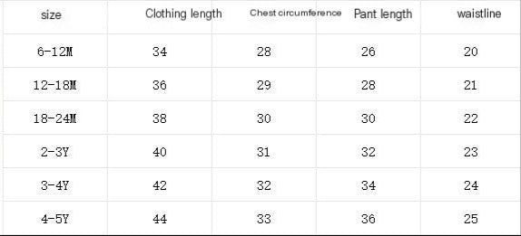 Clothing size chart with measurements for children's clothing on a light background.