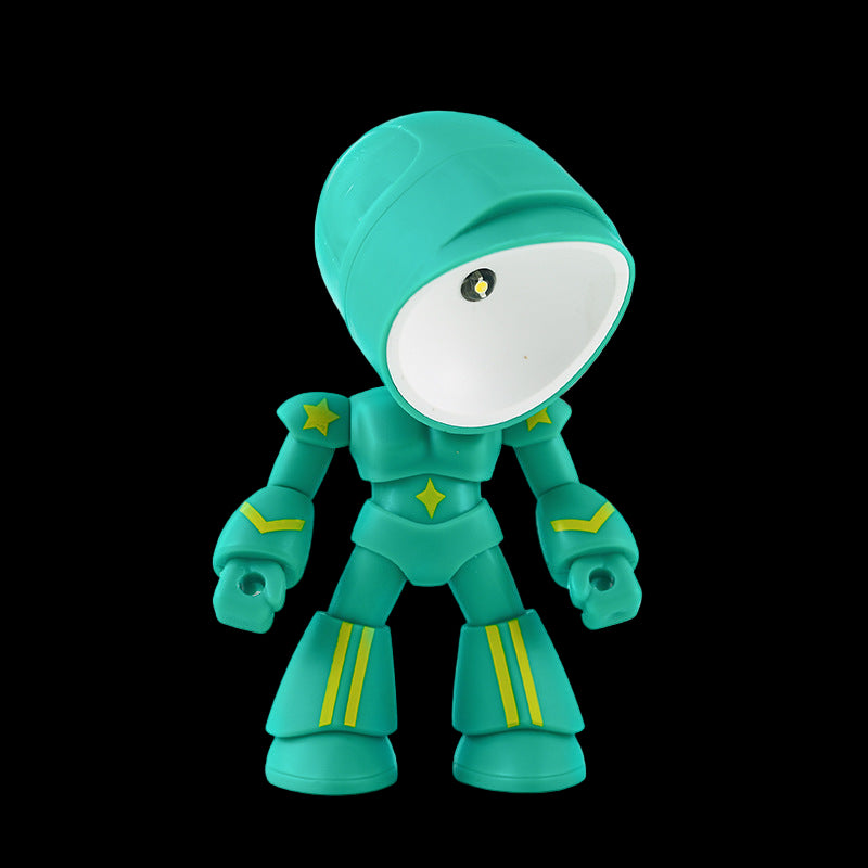 Green robot toy with yellow accents on a light blue background