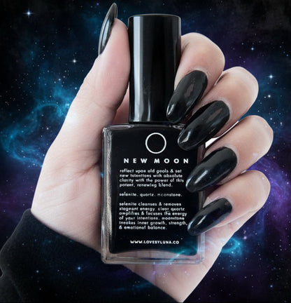 New Moon Crystal Infused Nail Polish - Black with Healing Crystals - Lucky Girl Gifts