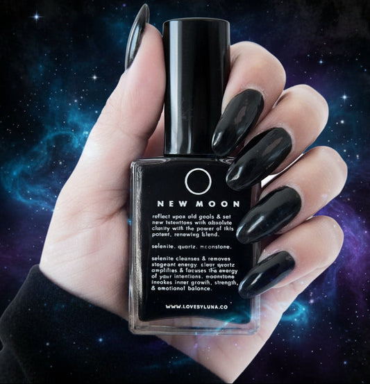 New Moon Crystal Infused Nail Polish - Black with Healing Crystals - Lucky Girl Gifts