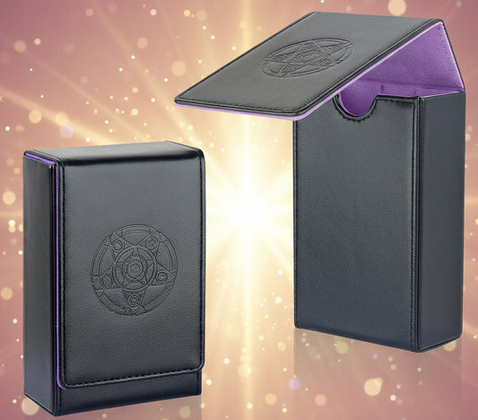 Black card storage box with purple interior and embossed design on a white background