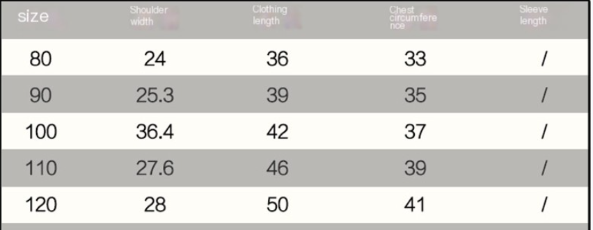 Measurement chart for clothing sizes with dimensions in centimeters.