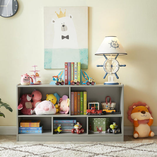 Children's room with a bookshelf filled with toys, books, and decorative items.