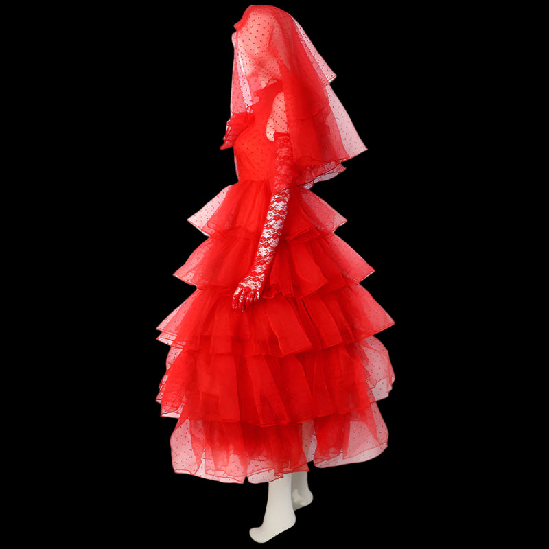 Red layered dress with white lace details on a white background