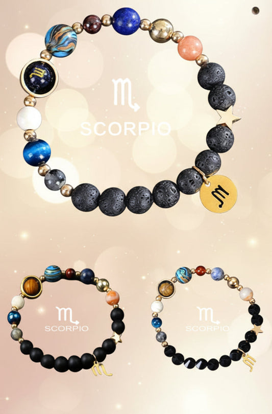Scorpio zodiac bracelet with celestial elements on a starry background