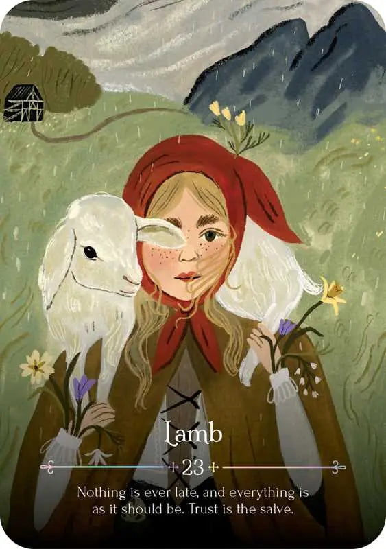 Illustration of a person with a lamb in a natural setting with mountains and flowers.