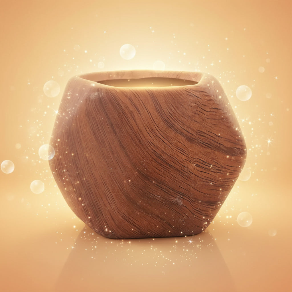Wooden vase with a natural grain pattern on a white background