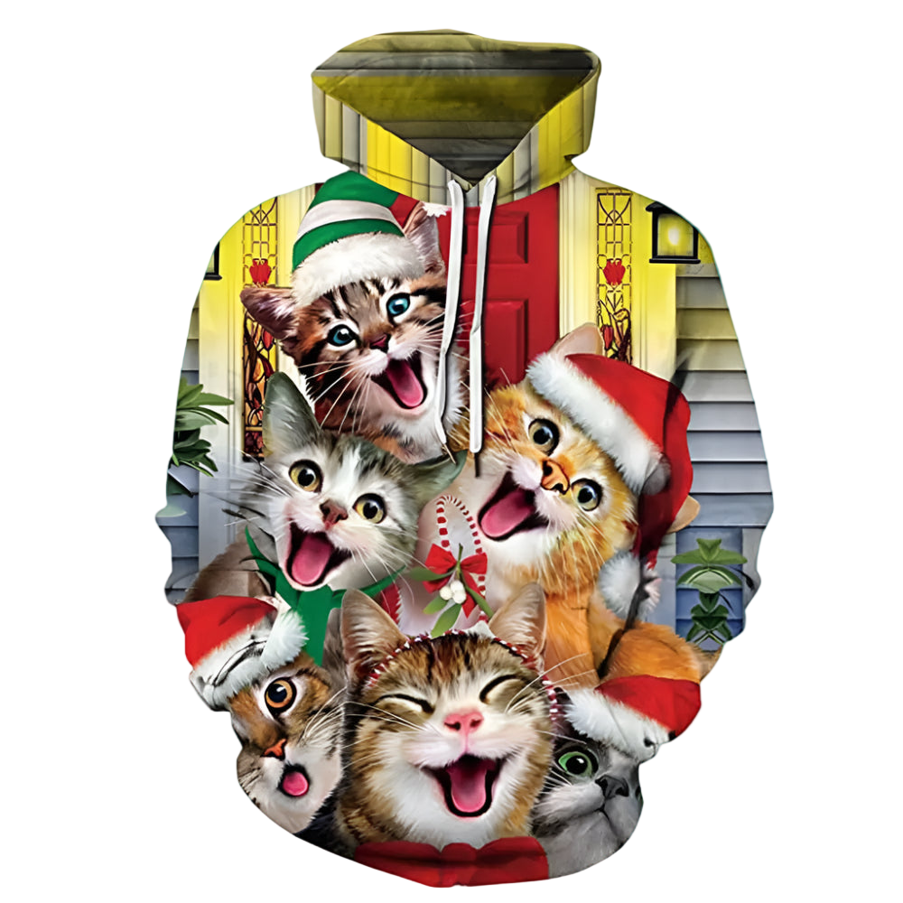 Hoodie with Christmas-themed cat design on a white background