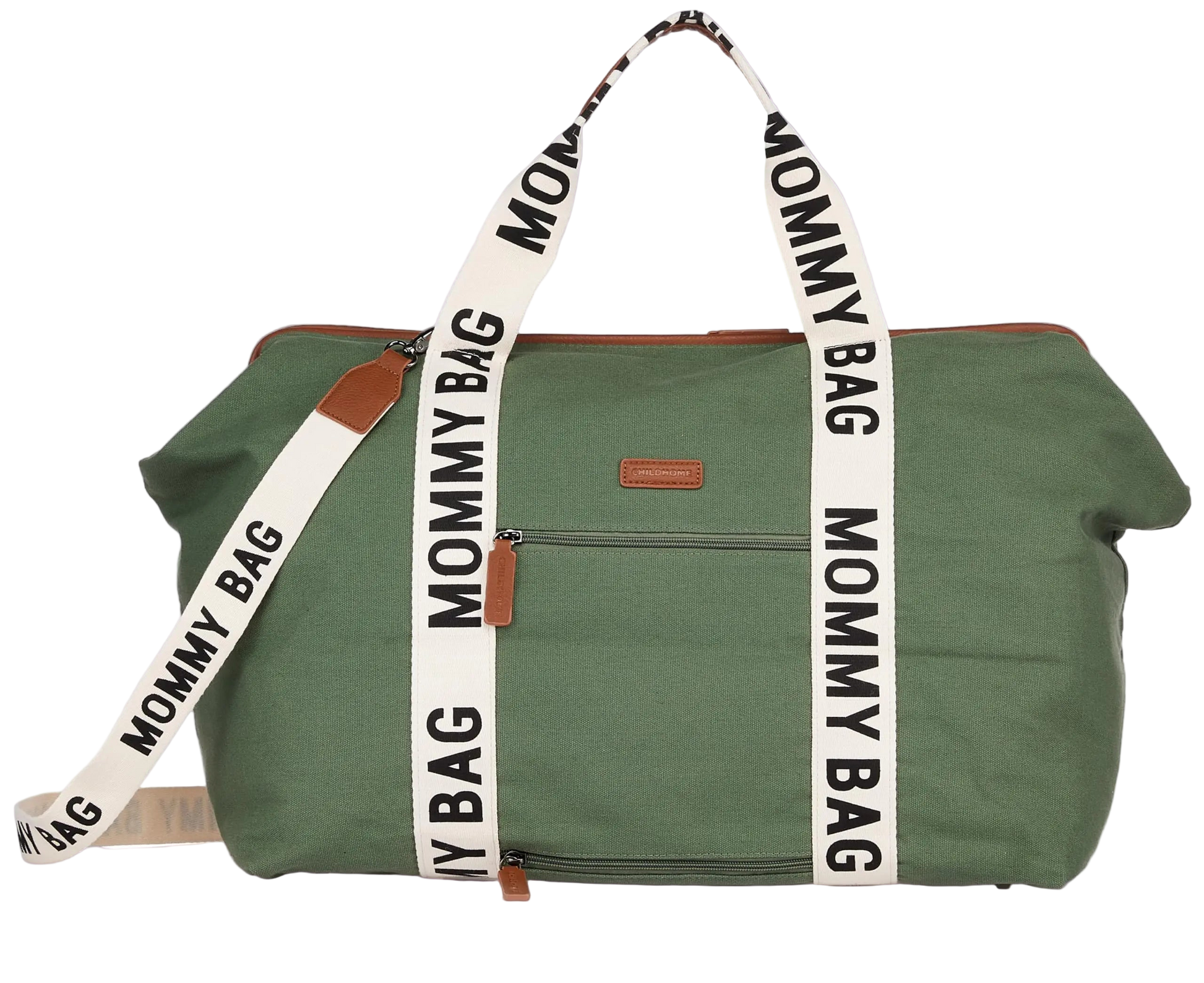 Green duffel bag with 'Mommy Bag' strap on a white background