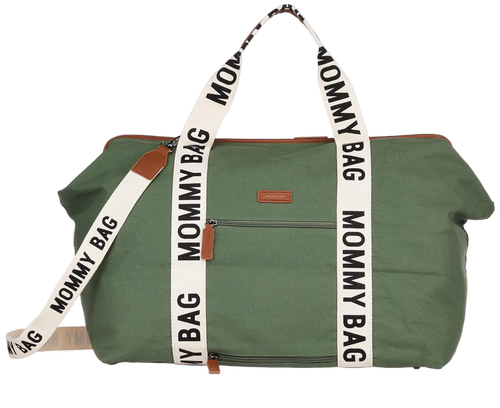 Green duffel bag with 'Mommy Bag' strap on a white background