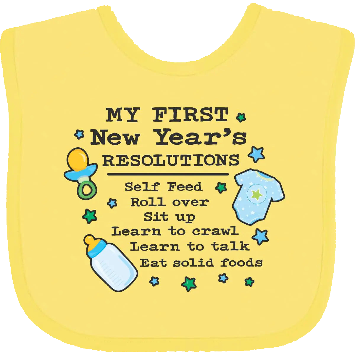 Yellow baby bib with New Year's resolutions text and baby-related graphics on a white background