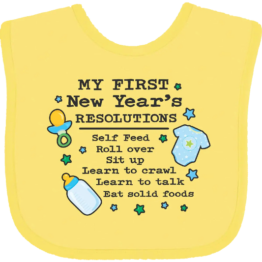 Yellow baby bib with New Year's resolutions text and baby-related graphics on a white background