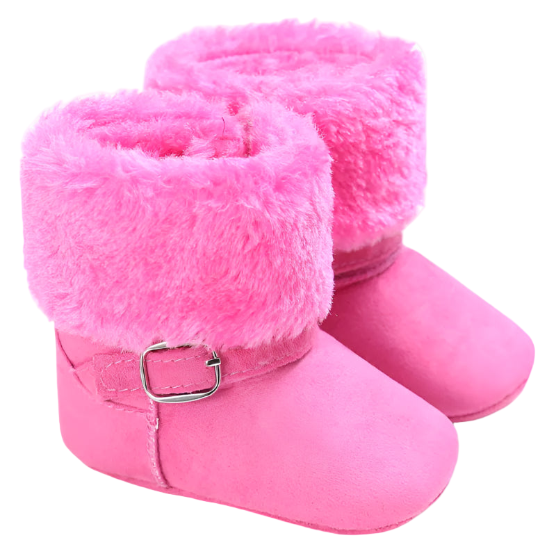 Pink baby boots with fluffy fur trim on a white background