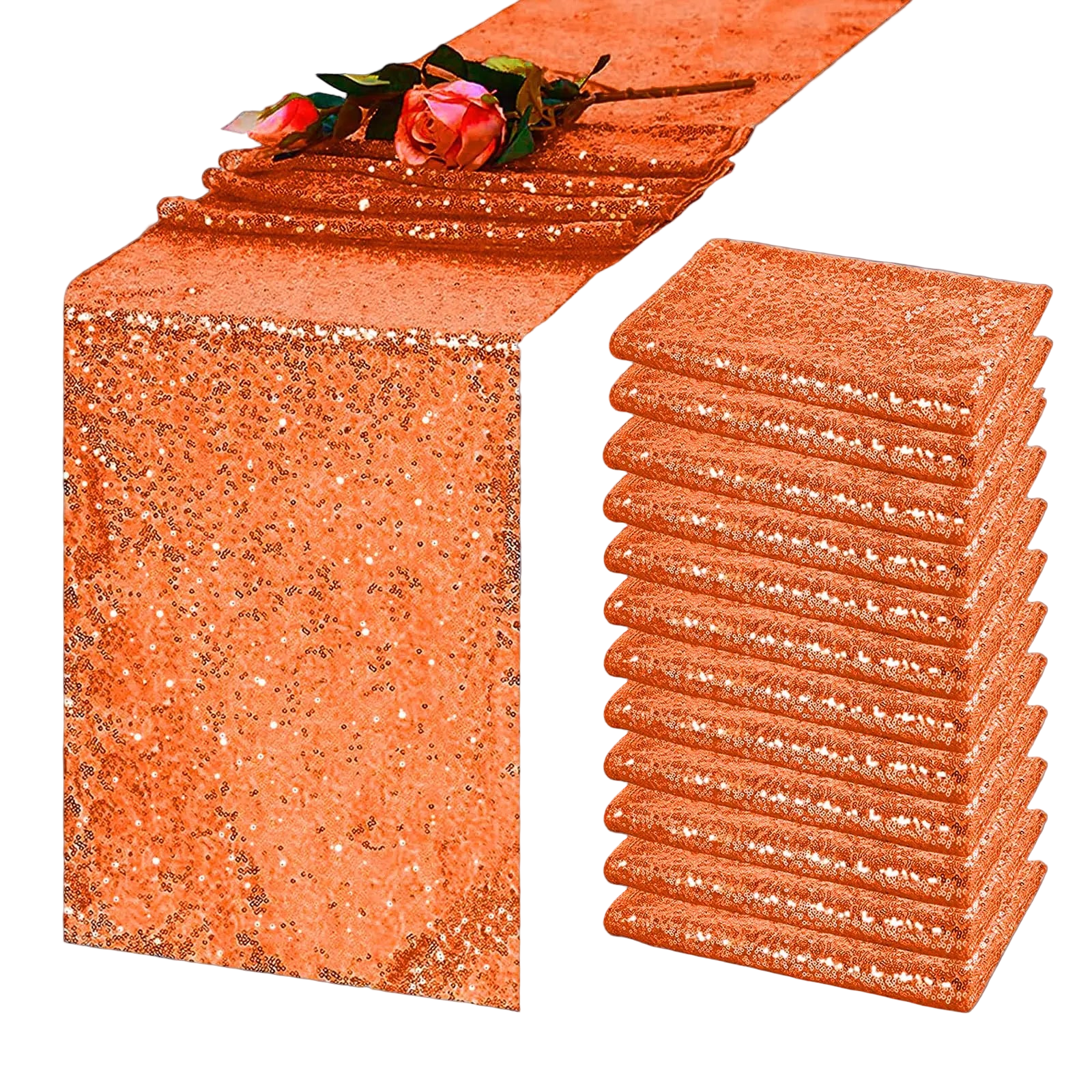 Stack of rose gold glitter table runners with a single runner on a white background