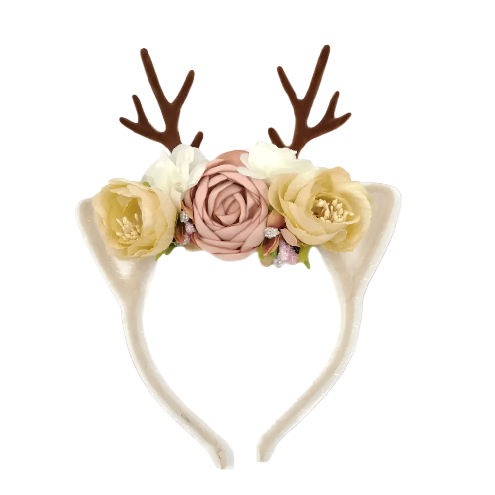 Headband with floral design and antlers on a white background