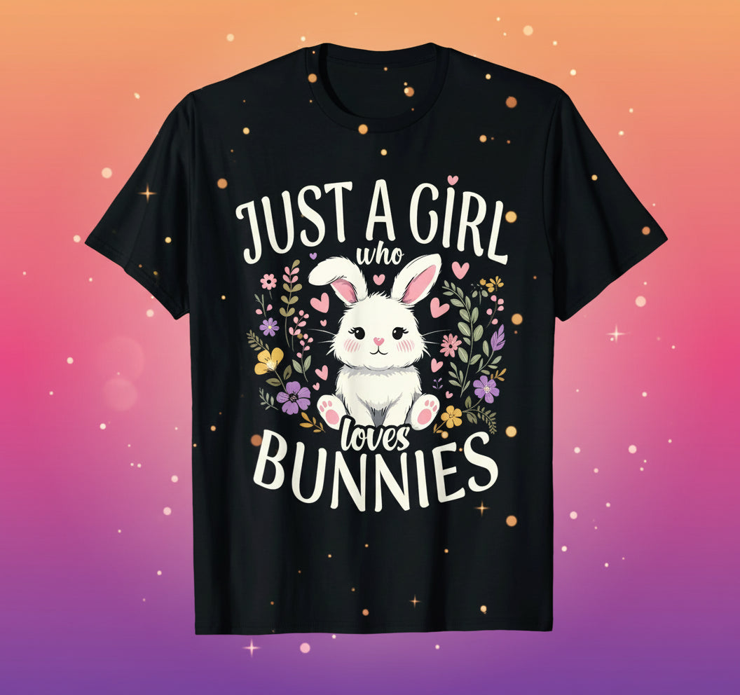 Black t-shirt with a graphic of a rabbit and text 'Just a girl who loves bunnies' on a white background