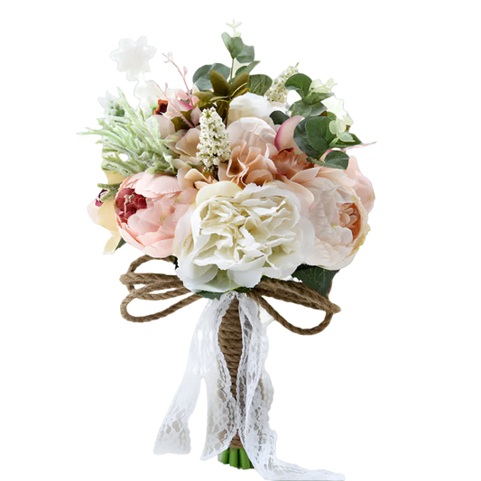 Floral bouquet with pink and white flowers tied with twine and lace on a white background