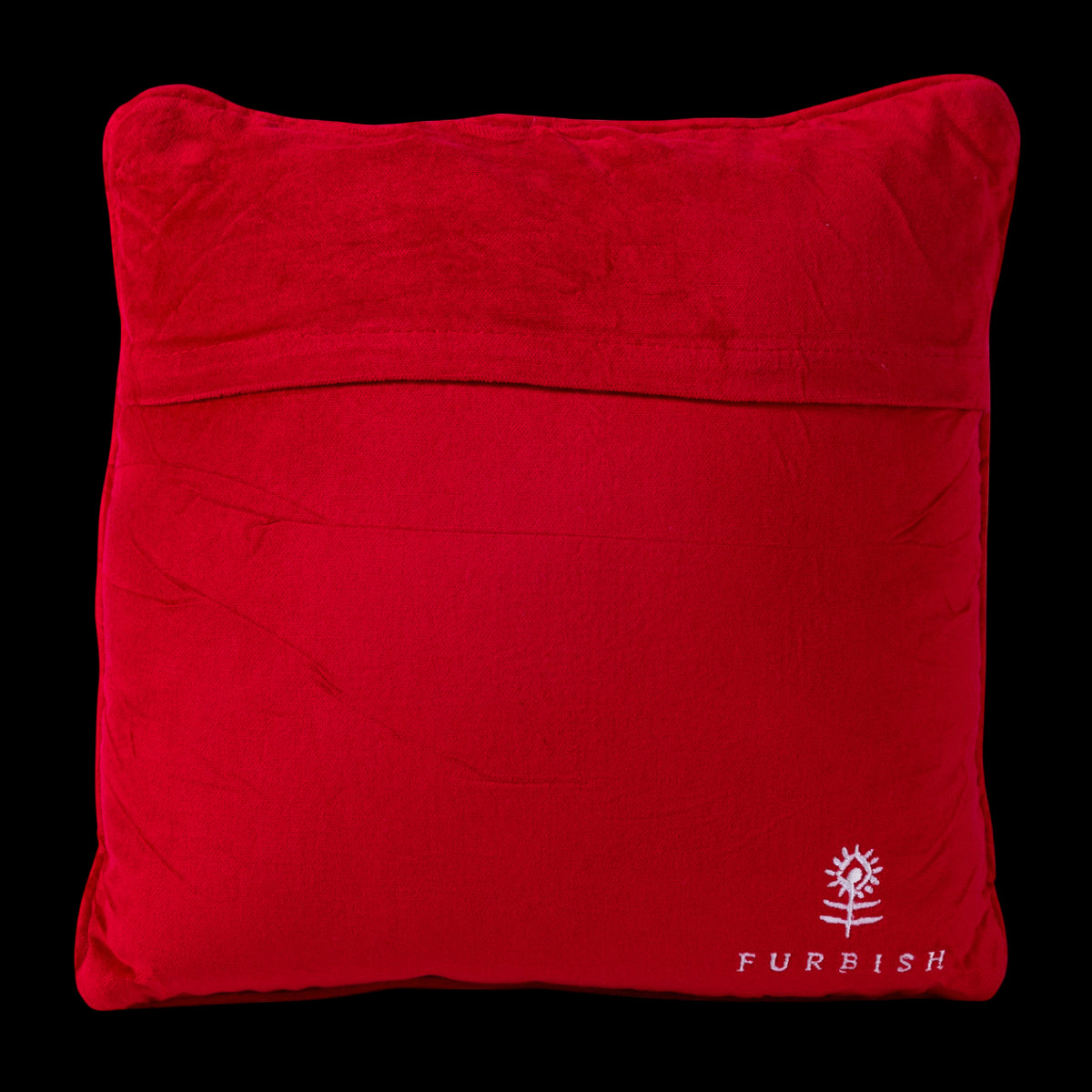 Red pillow with 'Furbish' logo on a white background