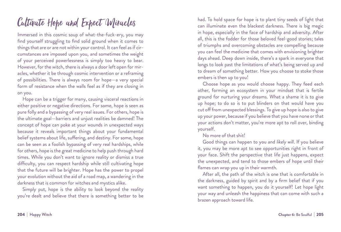 A two-page spread from a book or booklet titled 'Cultivate Hope and Expect Miracles' by Happy Wish, featuring a left column of purple text and a right column of black text on a white background.