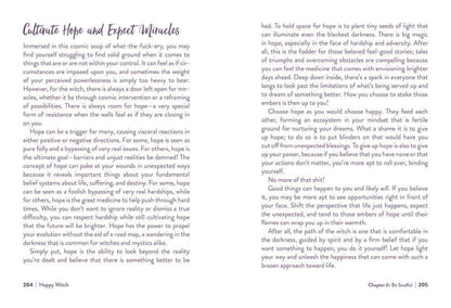 A two-page spread from a book or booklet titled 'Cultivate Hope and Expect Miracles' by Happy Wish, featuring a left column of purple text and a right column of black text on a white background.