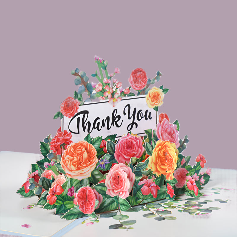 Floral pop-up card with 'Thank You' message on a white background