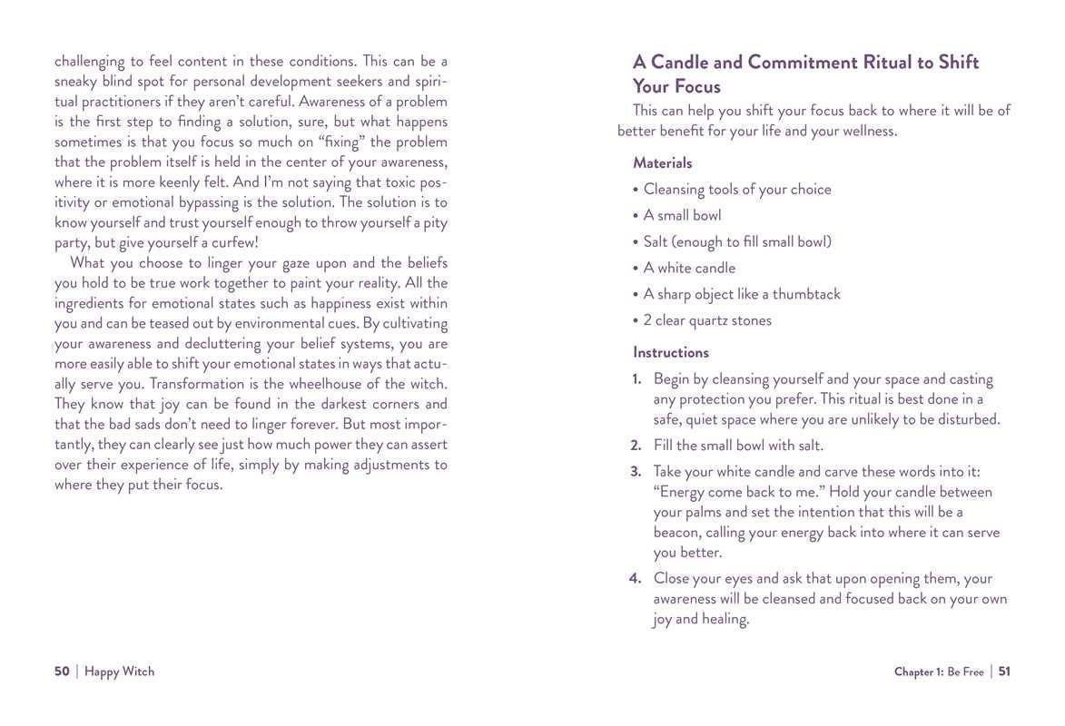 A printed page from a guide titled 'A Candle and Commitment Ritual to Shift Your Focus' with a left column of text and a right column listing materials and instructions, plus page numbers 50, 'Happily Wish', and 'Chapter 2: Be Free' at the bottom.