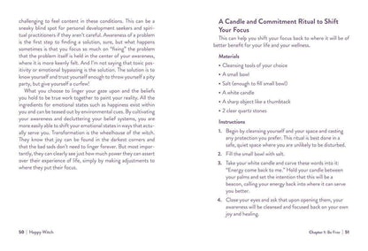 A printed page from a guide titled 'A Candle and Commitment Ritual to Shift Your Focus' with a left column of text and a right column listing materials and instructions, plus page numbers 50, 'Happily Wish', and 'Chapter 2: Be Free' at the bottom.